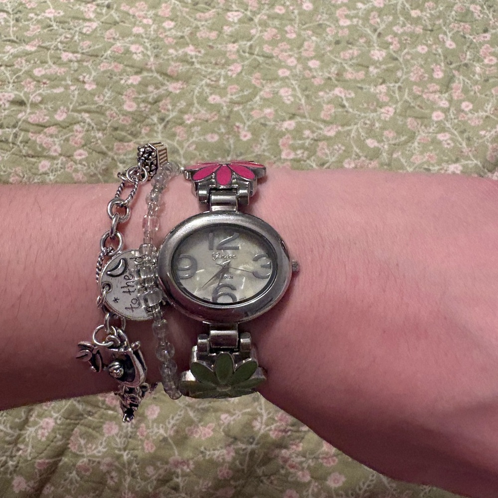 Silver Floral Accent Women's Bracelet Watch - Pink & Green